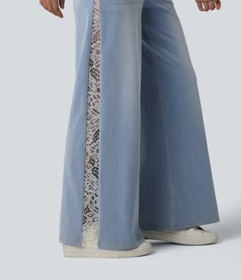 Halara Flex™ High Waisted Contrast Lace Casual Wide Leg Jeans with Pockets