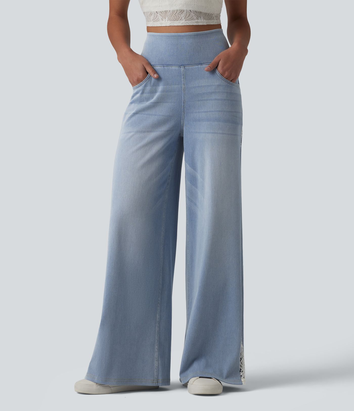 Halara Flex™ High Waisted Contrast Lace Casual Wide Leg Jeans with Pockets