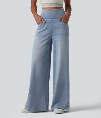 Halara Flex™ High Waisted Contrast Lace Casual Wide Leg Jeans with Pockets
