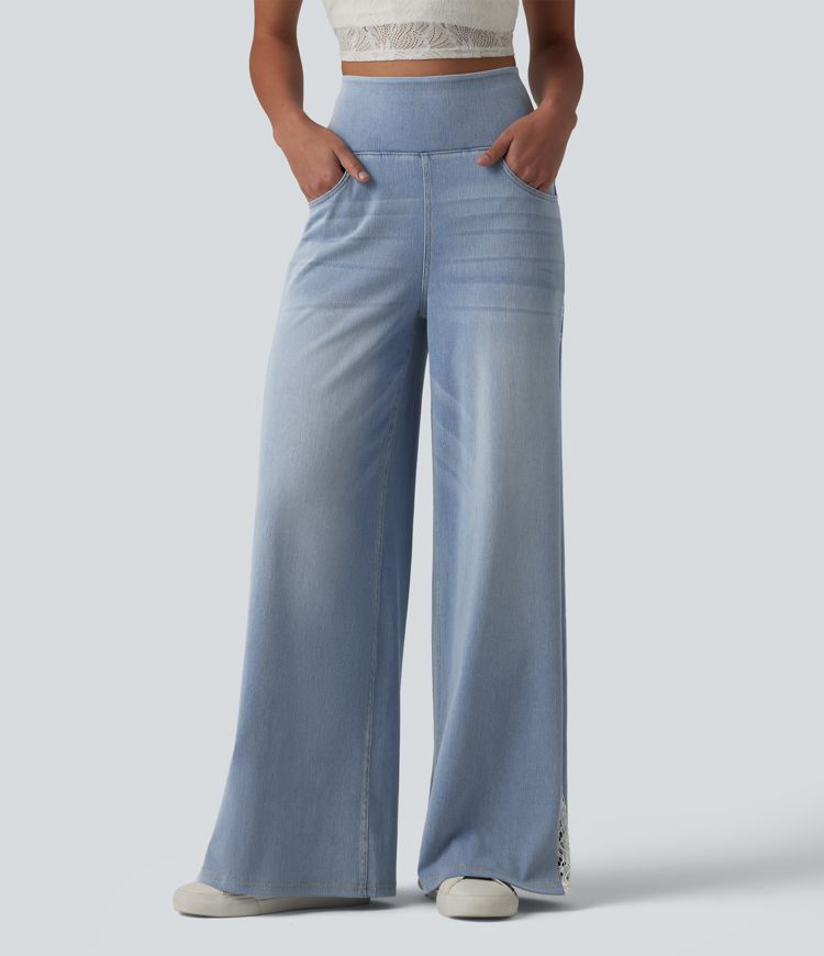 Halara Flex™ High Waisted Contrast Lace Casual Wide Leg Jeans with Pockets