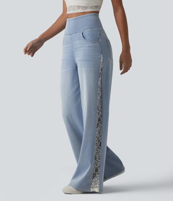 Halara Flex™ High Waisted Contrast Lace Casual Wide Leg Jeans with Pockets
