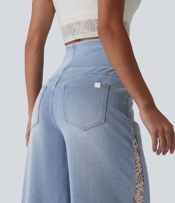 Halara Flex™ High Waisted Contrast Lace Casual Wide Leg Jeans with Pockets