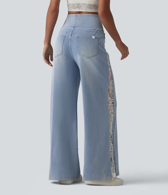 Halara Flex™ High Waisted Contrast Lace Casual Wide Leg Jeans with Pockets