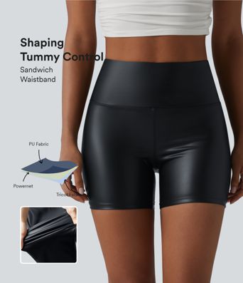 High Waisted Tummy Control Stretchy PU Casual Biker Shorts 5'' with Pockets