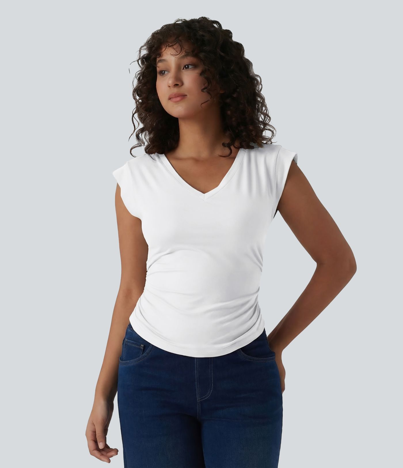 V Neck Cap Sleeve Curved Hem Ruched Casual T-Shirt