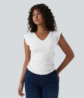 V Neck Cap Sleeve Curved Hem Ruched Casual T-Shirt