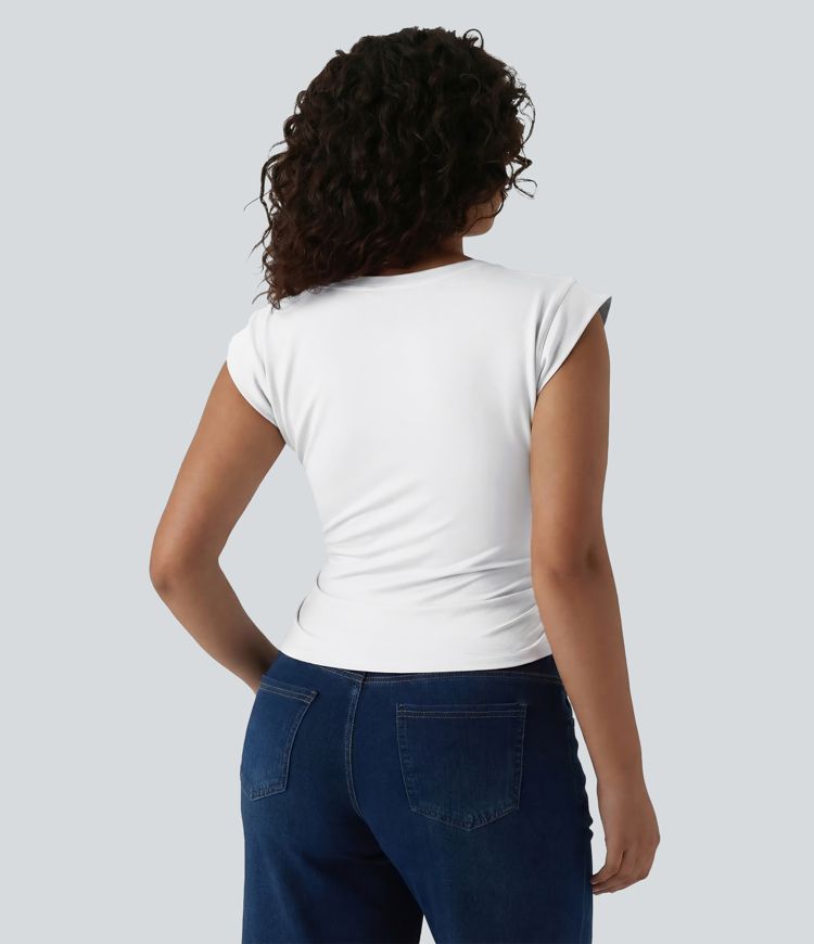 V Neck Cap Sleeve Curved Hem Ruched Casual T-Shirt