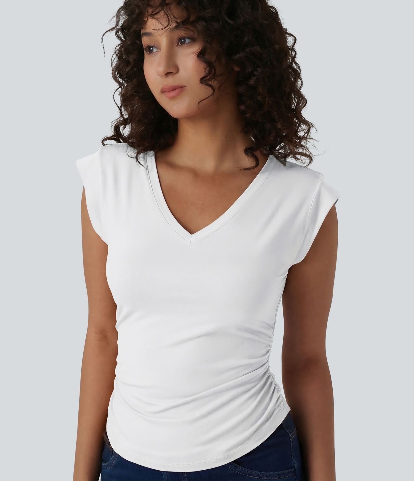 V Neck Cap Sleeve Curved Hem Ruched Casual T-Shirt