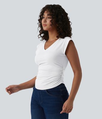 V Neck Cap Sleeve Curved Hem Ruched Casual T-Shirt