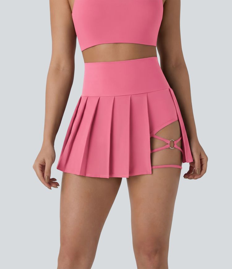 Breezeful™ High Waisted Pleated 2-in-1 Side & Pocket Asymmetric Hem Quick Dry Mini Dance Skirt