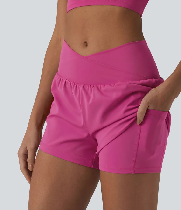 SoftlyZero™ Airy Crossover High Waisted 2-in-1 Cool Touch Yoga Shorts with Pockets