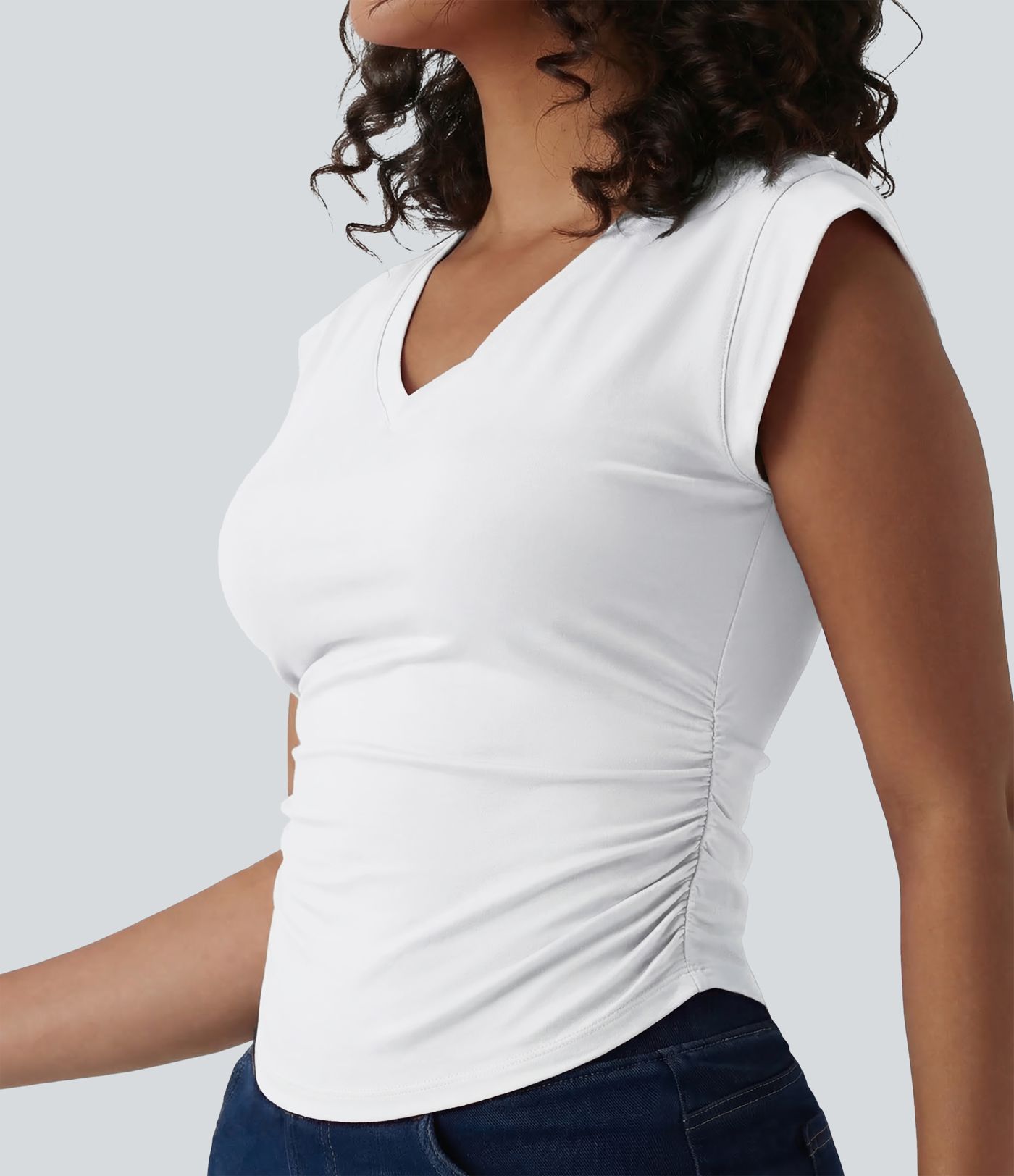 V Neck Cap Sleeve Curved Hem Ruched Casual T-Shirt