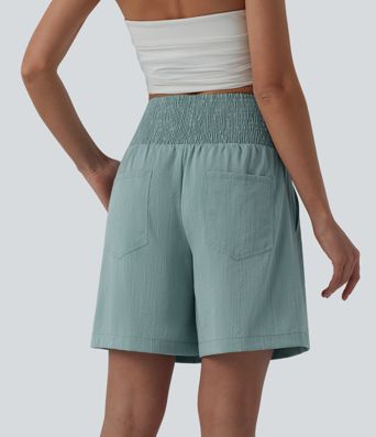 High Waisted Shirred Casual Linen-Feel Bermuda Shorts 7'' with Pockets High Waisted Shirred Casual Linen-Feel Bermuda Shorts 7'' with Pockets