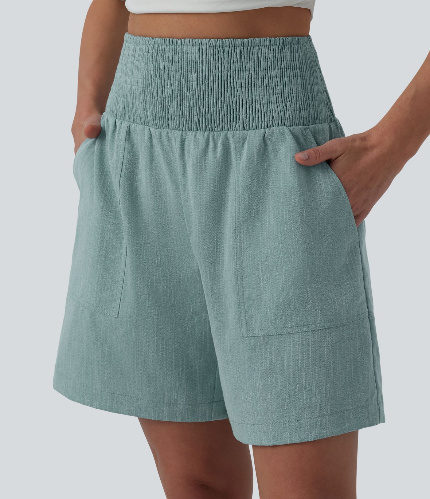 High Waisted Shirred Casual Linen-Feel Bermuda Shorts 7'' with Pockets High Waisted Shirred Casual Linen-Feel Bermuda Shorts 7'' with Pockets