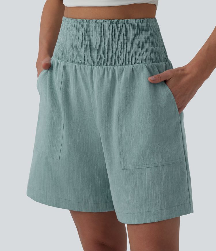 High Waisted Shirred Casual Linen-Feel Bermuda Shorts 7'' with Pockets High Waisted Shirred Casual Linen-Feel Bermuda Shorts 7'' with Pockets