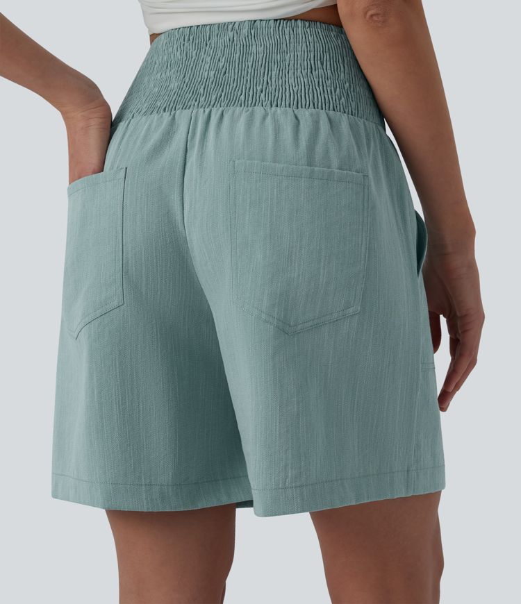 High Waisted Shirred Casual Linen-Feel Bermuda Shorts 7'' with Pockets High Waisted Shirred Casual Linen-Feel Bermuda Shorts 7'' with Pockets