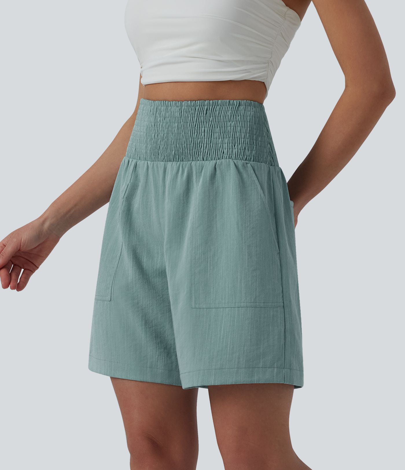 High Waisted Shirred Casual Linen-Feel Bermuda Shorts 7'' with Pockets High Waisted Shirred Casual Linen-Feel Bermuda Shorts 7'' with Pockets