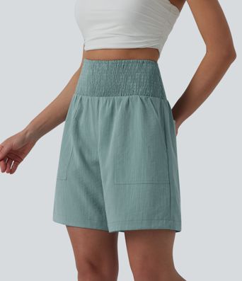 High Waisted Shirred Casual Linen-Feel Bermuda Shorts 7'' with Pockets High Waisted Shirred Casual Linen-Feel Bermuda Shorts 7'' with Pockets