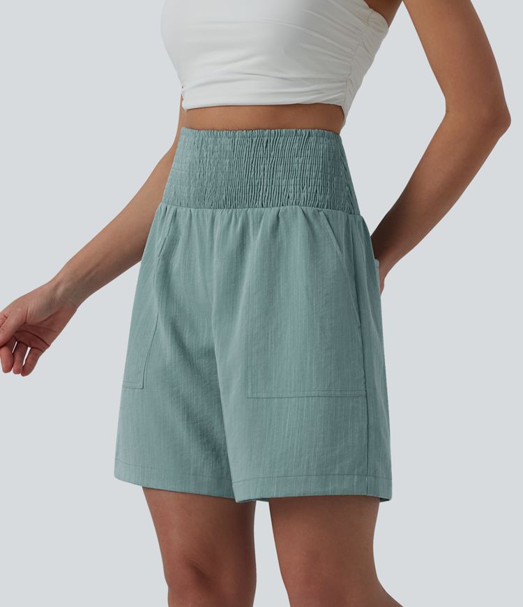 High Waisted Shirred Casual Linen-Feel Bermuda Shorts 7'' with Pockets High Waisted Shirred Casual Linen-Feel Bermuda Shorts 7'' with Pockets
