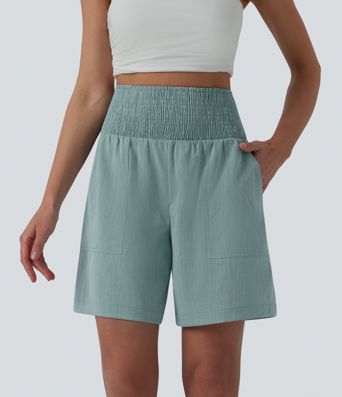 High Waisted Shirred Casual Linen-Feel Bermuda Shorts 7'' with Pockets High Waisted Shirred Casual Linen-Feel Bermuda Shorts 7'' with Pockets