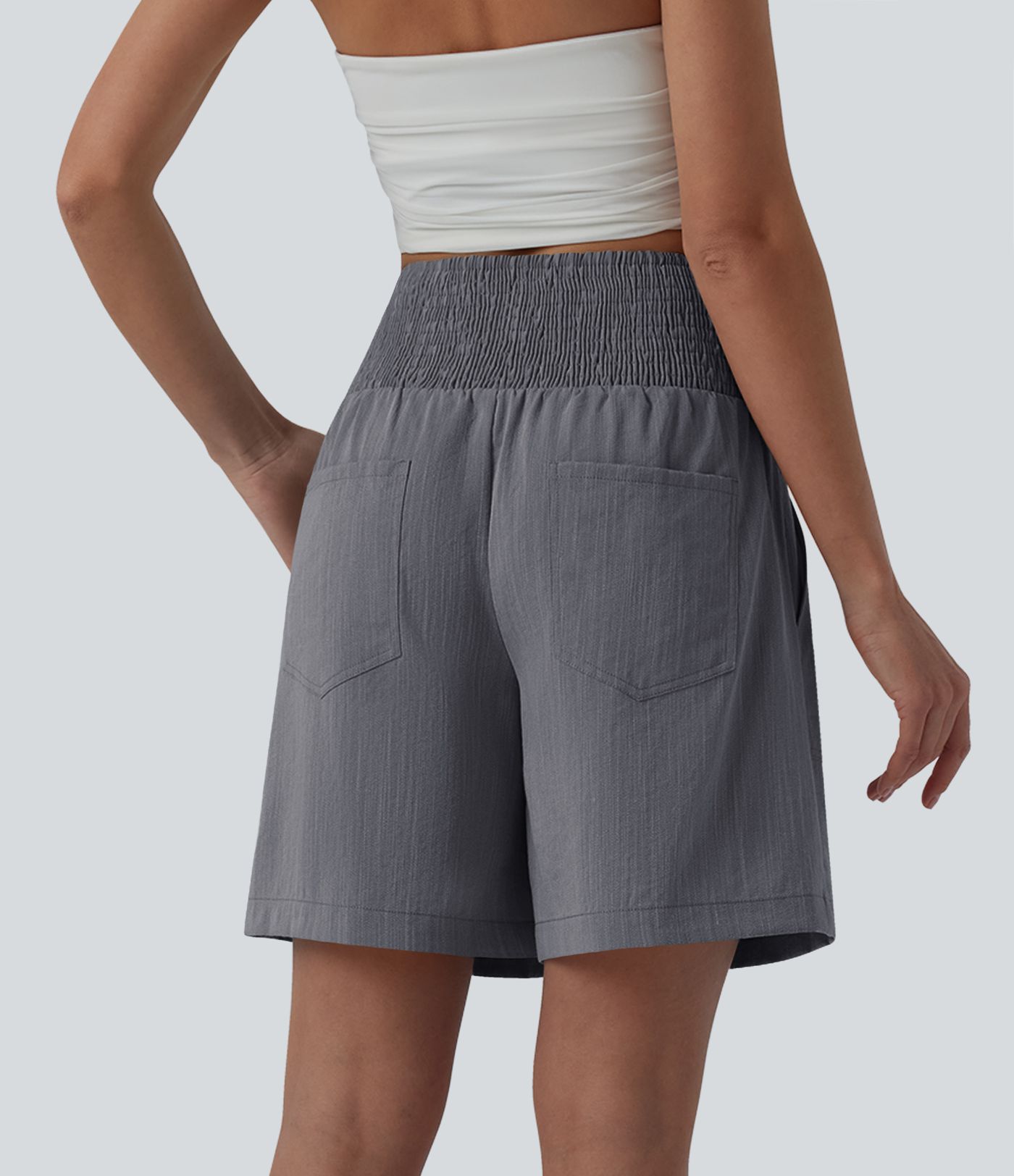 High Waisted Shirred Casual Linen-Feel Bermuda Shorts 7'' with Pockets