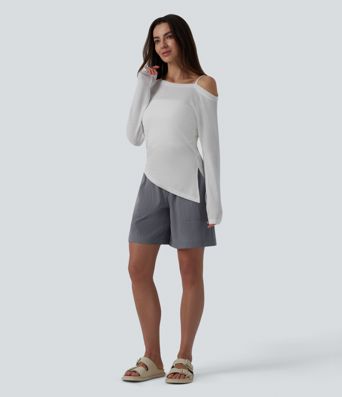 High Waisted Shirred Casual Linen-Feel Bermuda Shorts 7'' with Pockets