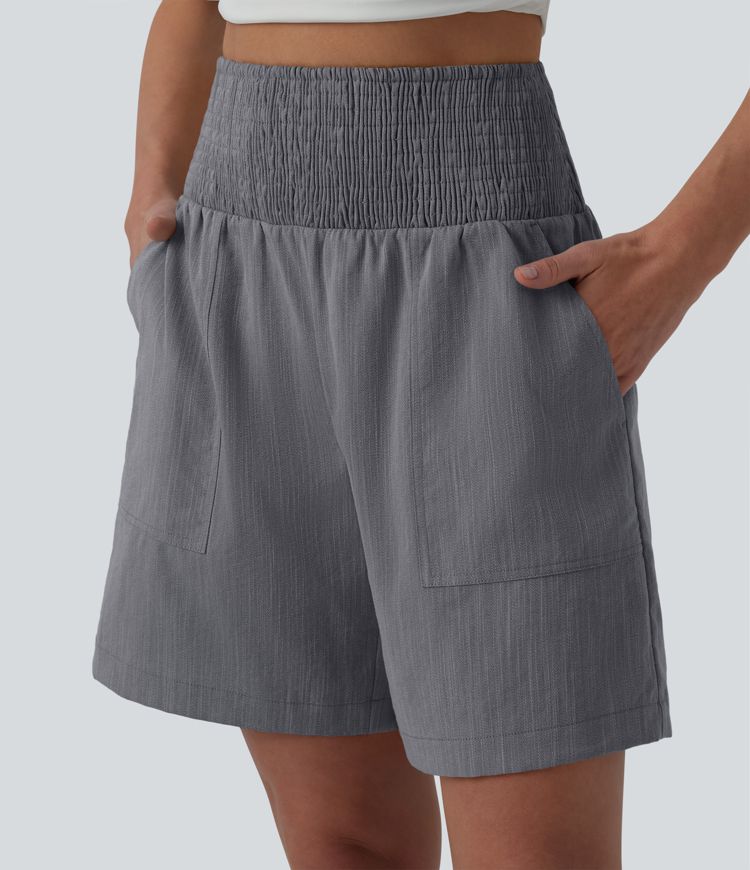 High Waisted Shirred Casual Linen-Feel Bermuda Shorts 7'' with Pockets