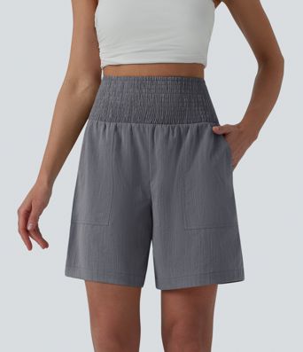 High Waisted Shirred Casual Linen-Feel Bermuda Shorts 7'' with Pockets