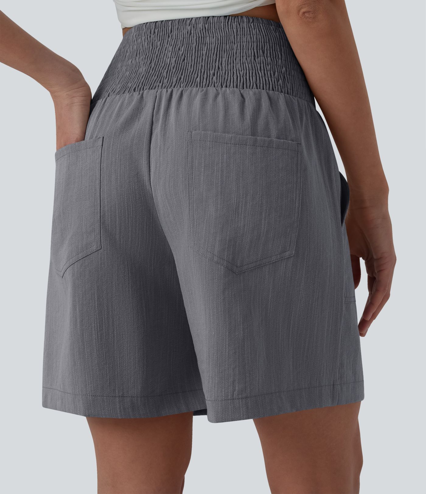 High Waisted Shirred Casual Linen-Feel Bermuda Shorts 7'' with Pockets