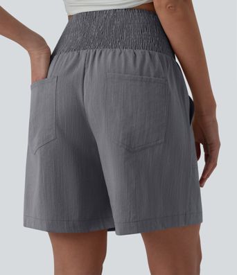 High Waisted Shirred Casual Linen-Feel Bermuda Shorts 7'' with Pockets