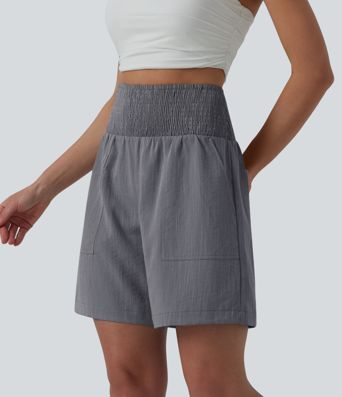 High Waisted Shirred Casual Linen-Feel Bermuda Shorts 7'' with Pockets
