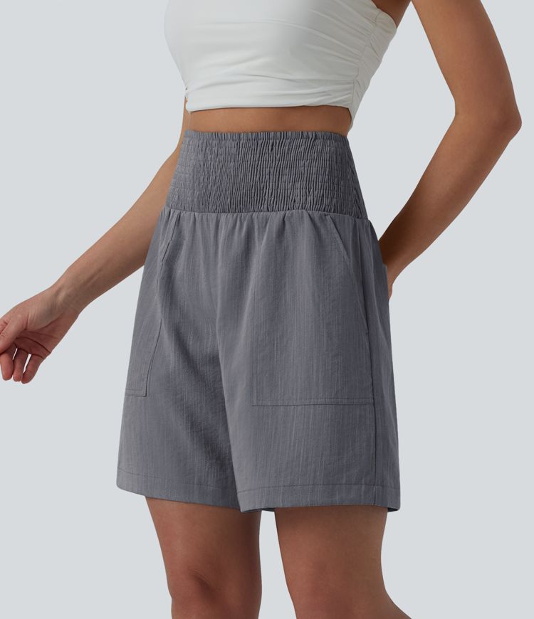 High Waisted Shirred Casual Linen-Feel Bermuda Shorts 7'' with Pockets