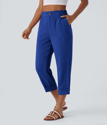 Pantalón capri lino tiro alto bolsillo lateral cremallera botón