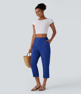 Pantalón capri lino tiro alto bolsillo lateral cremallera botón