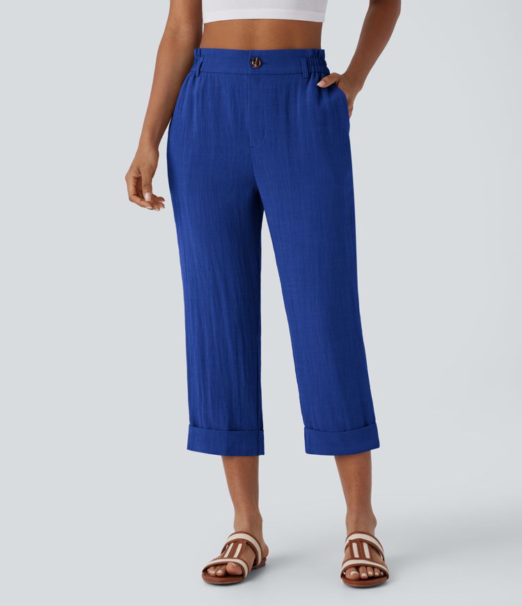 Pantalón capri lino tiro alto bolsillo lateral cremallera botón