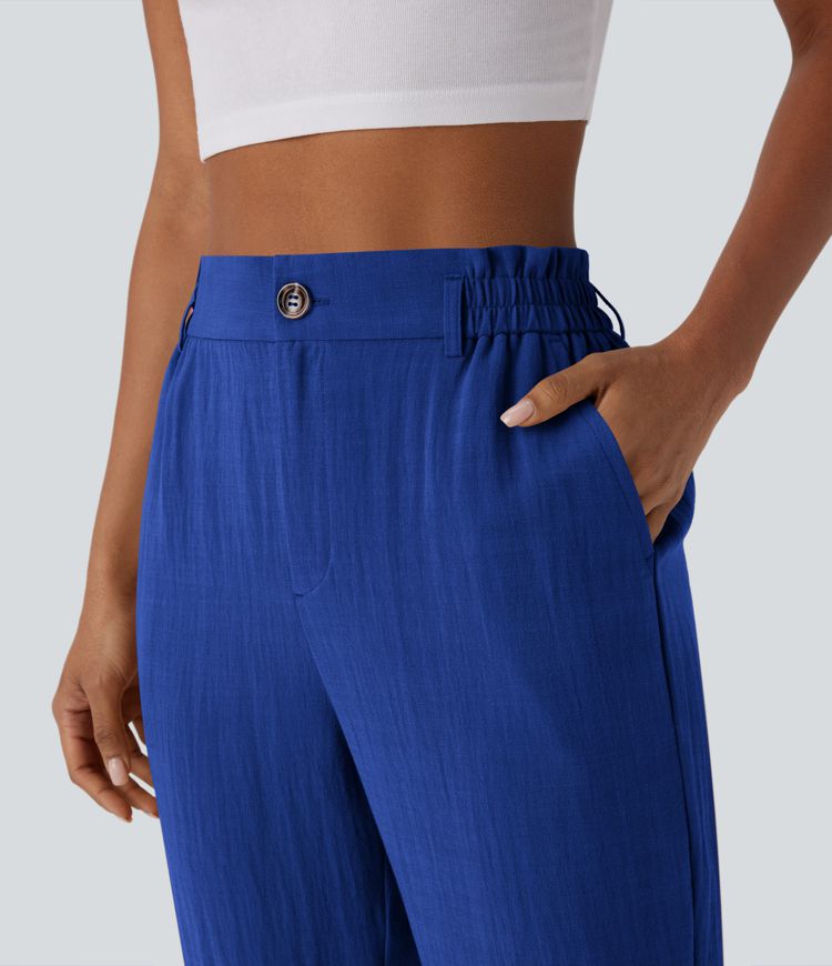 Pantalón capri lino tiro alto bolsillo lateral cremallera botón