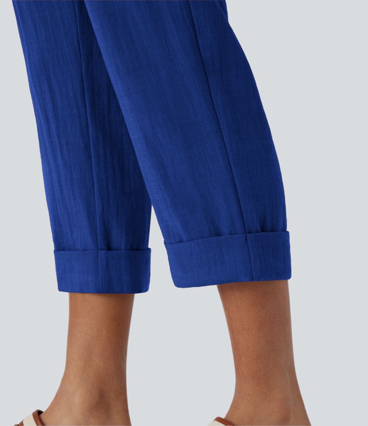 Pantalón capri lino tiro alto bolsillo lateral cremallera botón