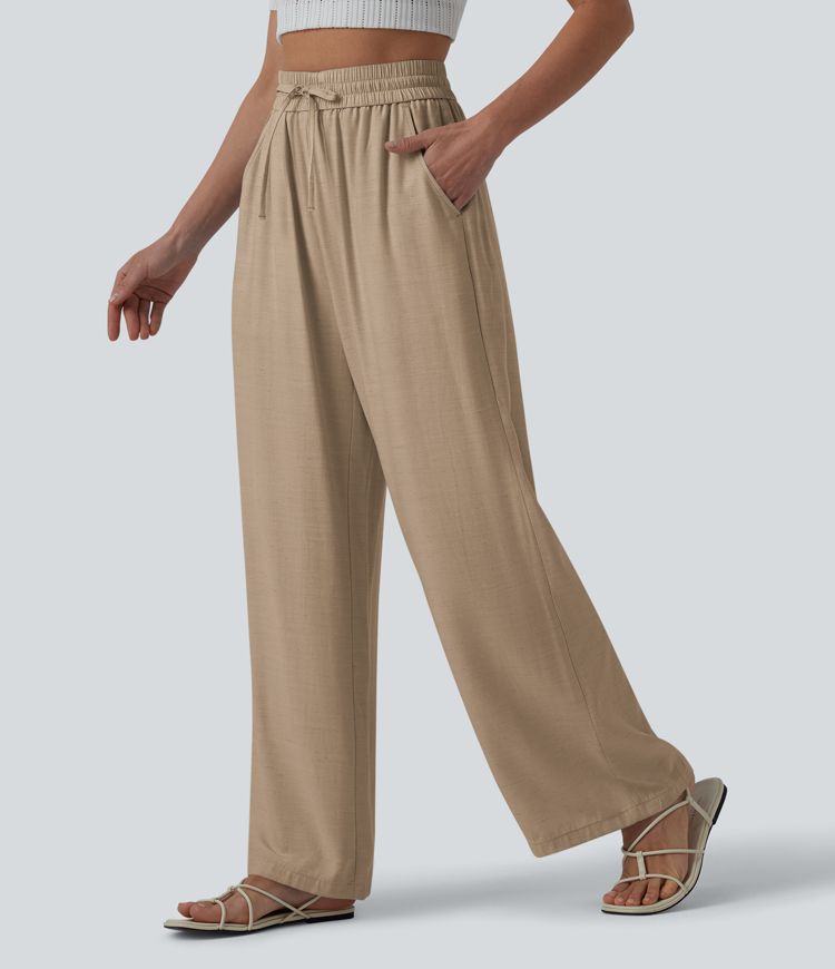 High Waisted Drawstring Wide Leg Casual Linen-Blend Pants with Pockets
