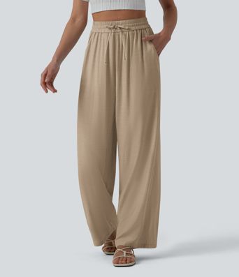 High Waisted Drawstring Wide Leg Casual Linen-Blend Pants with Pockets
