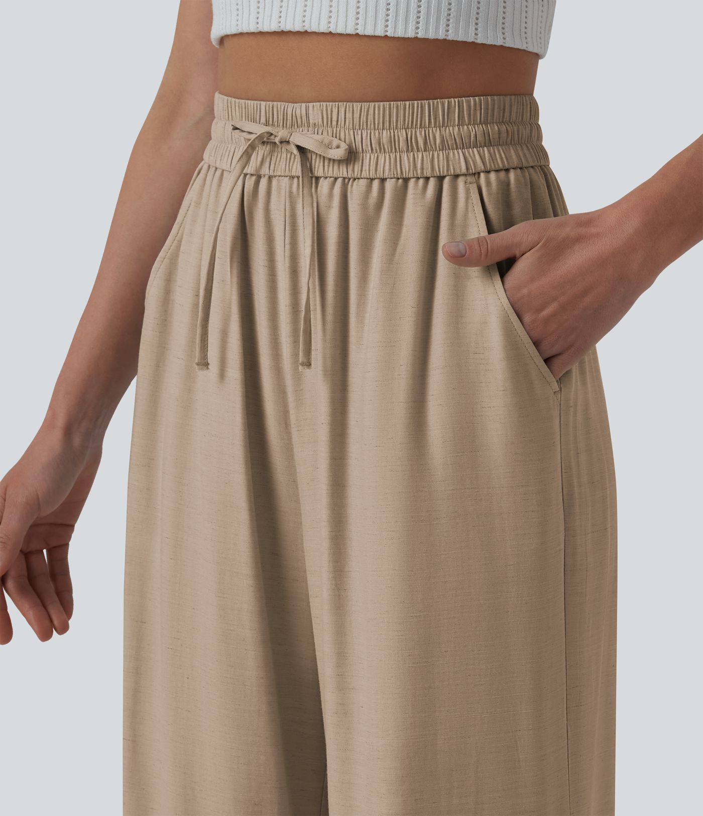 High Waisted Drawstring Wide Leg Casual Linen-Blend Pants with Pockets