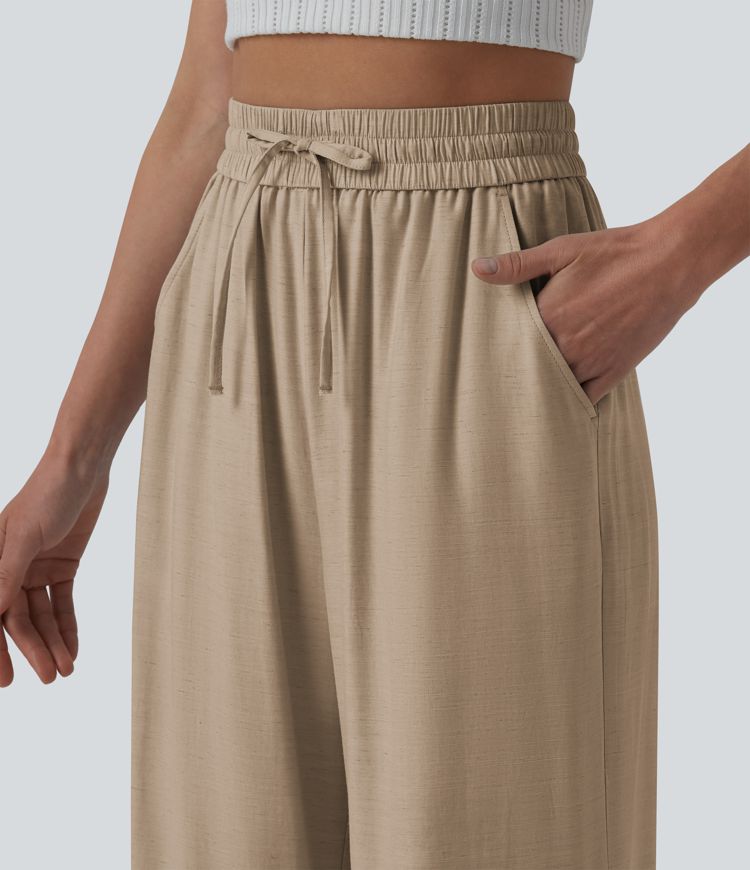 High Waisted Drawstring Wide Leg Casual Linen-Blend Pants with Pockets