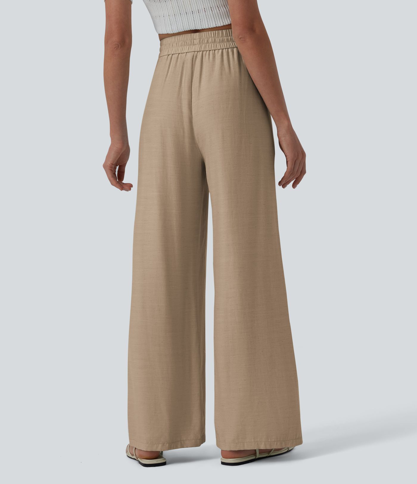 High Waisted Drawstring Wide Leg Casual Linen-Blend Pants with Pockets