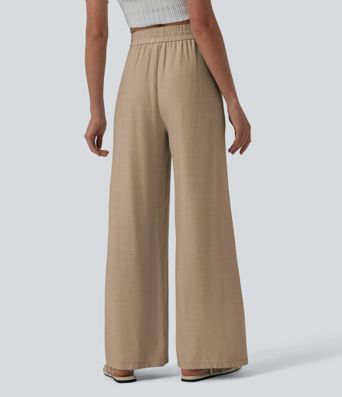 High Waisted Drawstring Wide Leg Casual Linen-Blend Pants with Pockets