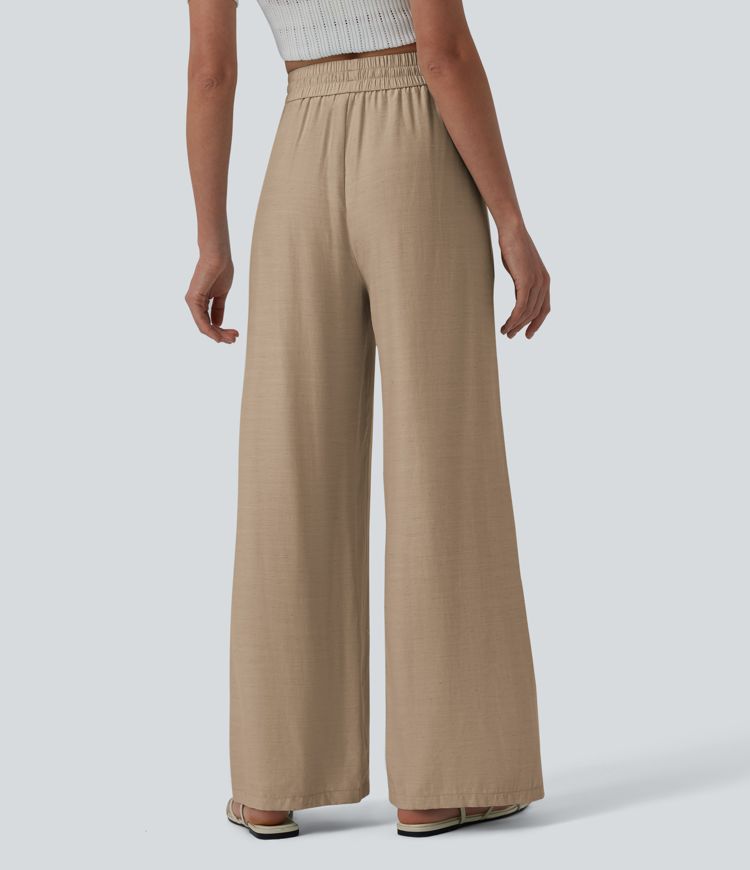 High Waisted Drawstring Wide Leg Casual Linen-Blend Pants with Pockets