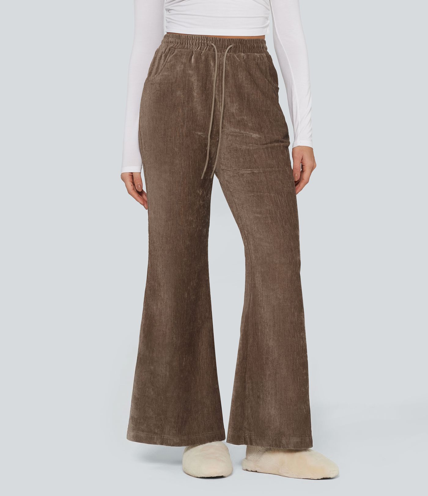 High Waisted Drawstring Velvet Flare Lounge Pants with Pockets