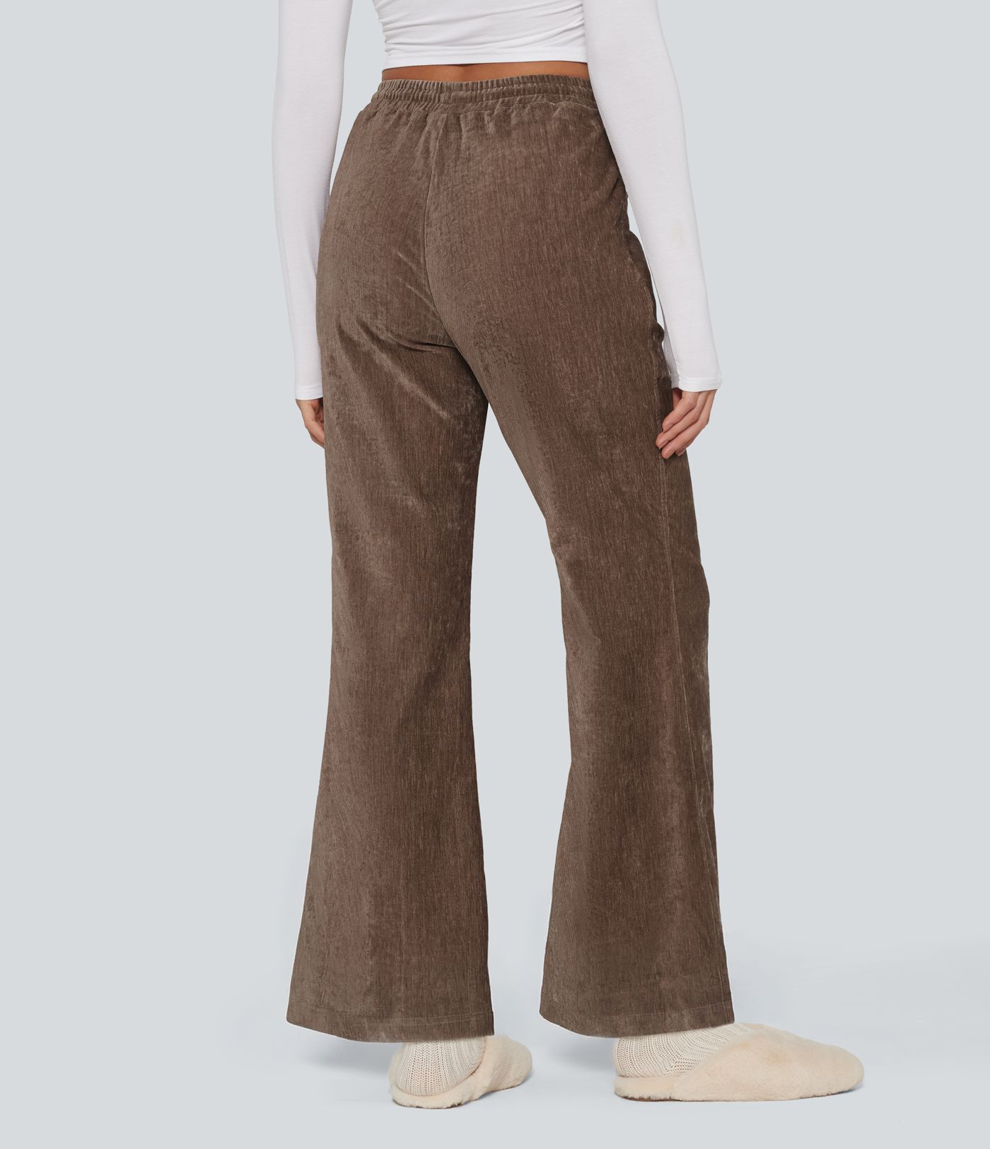 High Waisted Drawstring Velvet Flare Lounge Pants with Pockets