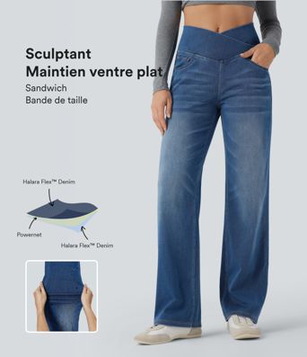 Halara Flex™ SoCinched Crossover High Waist Bauch-Kontrolle Lässige Gerade Bein Jeans mit Taschen
