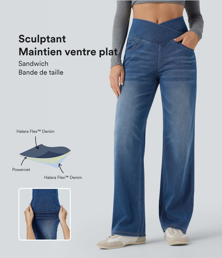 Halara Flex™ SoCinched Crossover High Waist Bauch-Kontrolle Lässige Gerade Bein Jeans mit Taschen