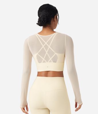 Contrast Mesh Long Sleeve Thumb Hole 2-in-1 Cropped Yoga Sports Top