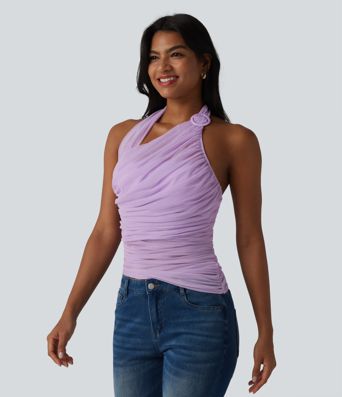 Halter Backless Ruched Mesh Overlay Built-in Bra Resort Tank Top Halter Backless Ruched Mesh Overlay Built-in Bra Resort Tank Top
